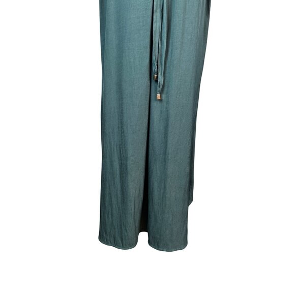 ZARA XS Green Midi Wrap Dress Tie Waist Puff Sleeves Polyester Fabric - Picture 13 of 15